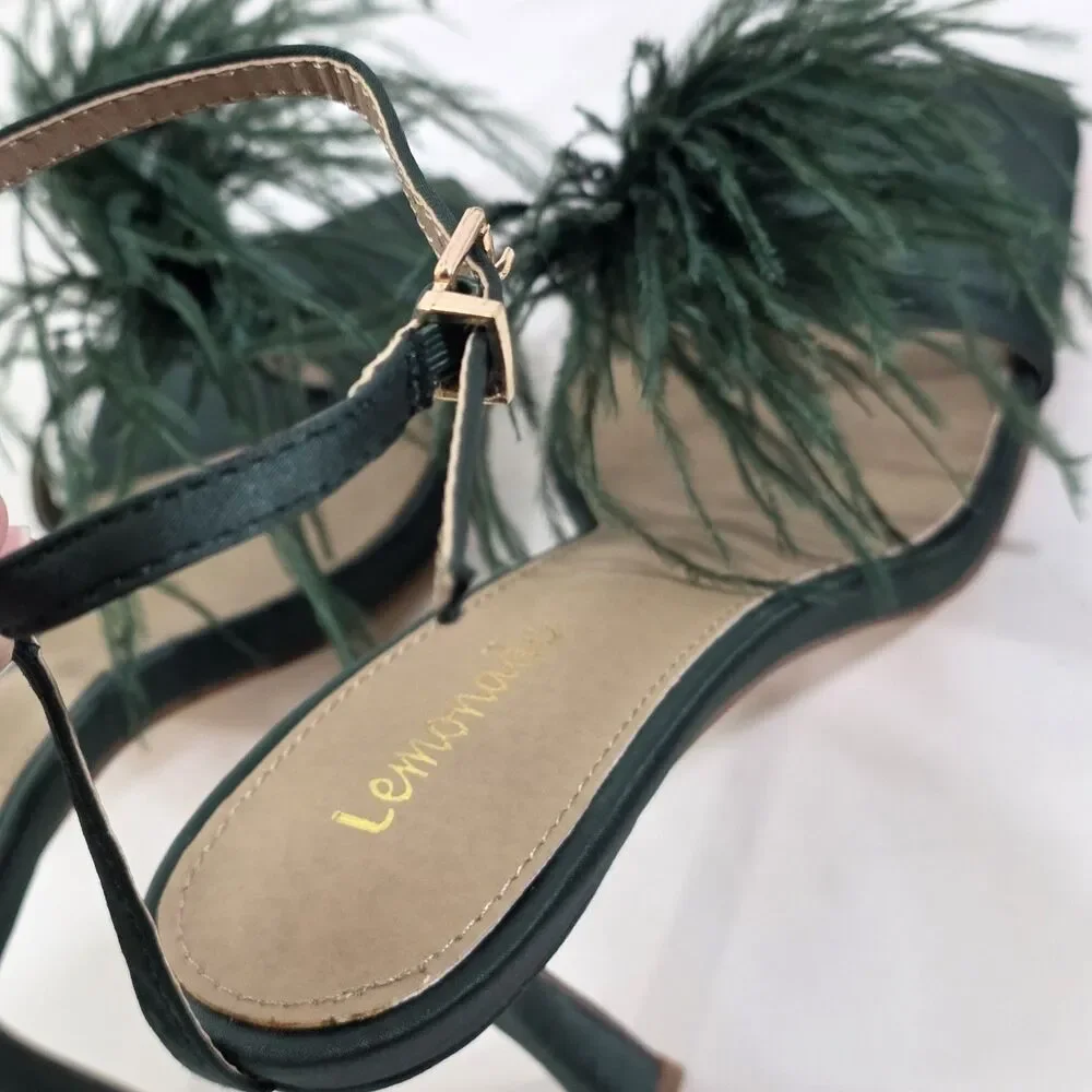 Lemonade Feather Heels Womens 7.5 Green Satin Ankle Strap Stiletto Party Glam...